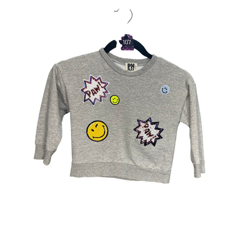 107-PH Play by Petite Hailey Multi-Patch Sequin Sweatshirt Gray 3T
